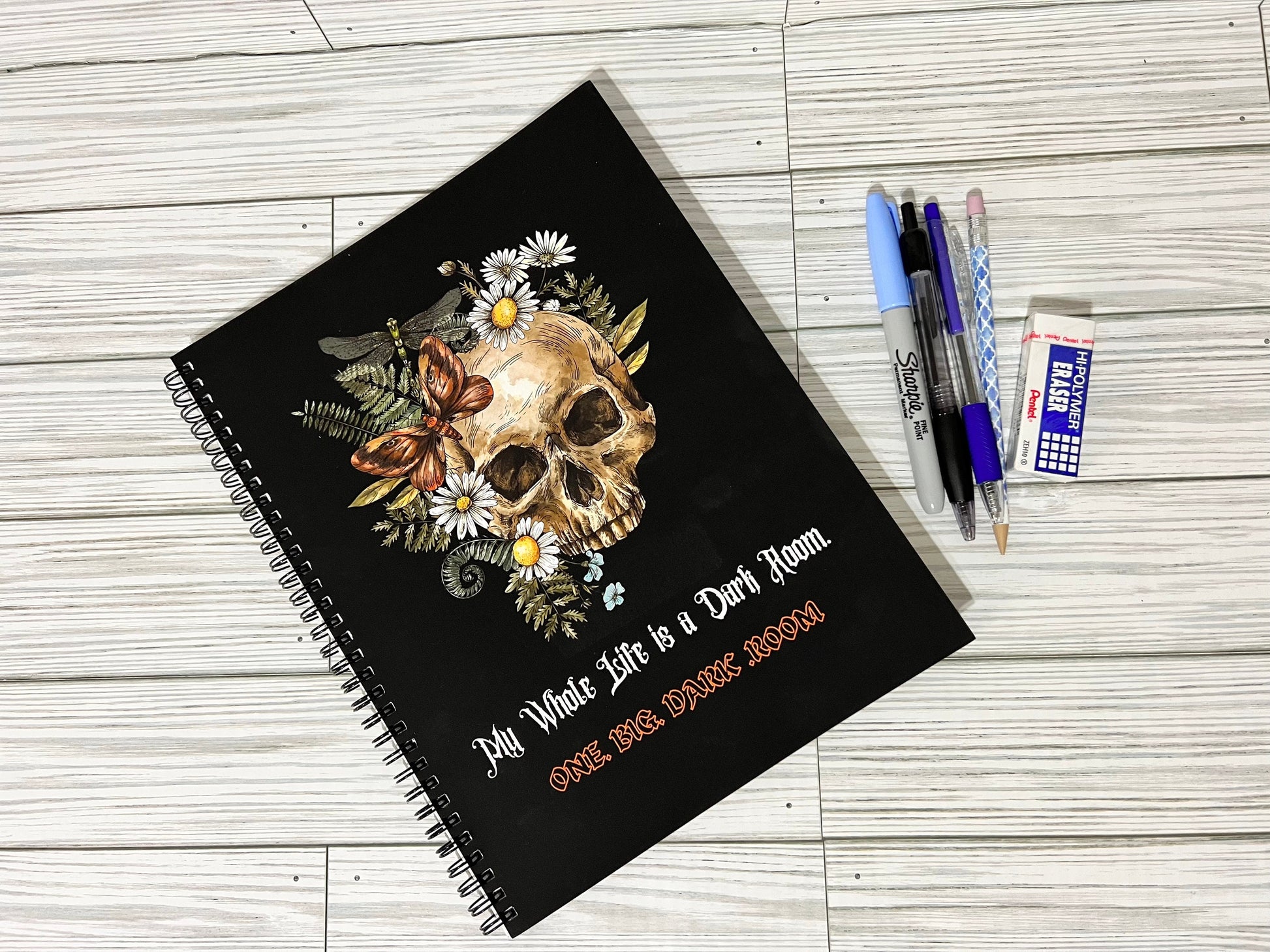 Spiral Notebook: Dark Room- Dark Funny Humor, Skull and Rodanthe Flowers, Soft Touch Cover