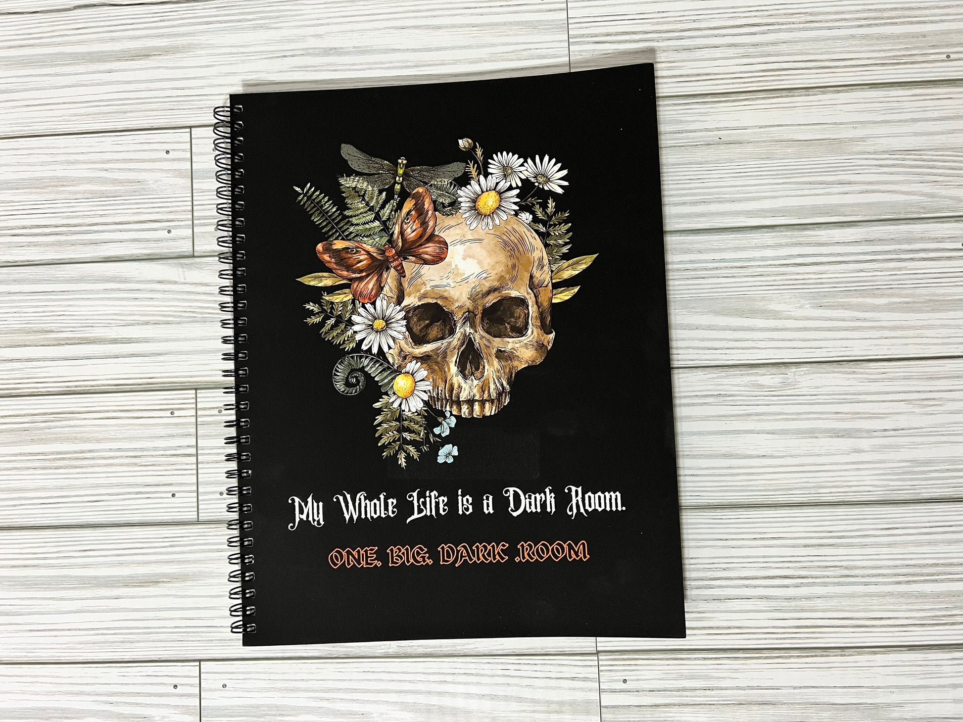 Spiral Notebook: Dark Room- Dark Funny Humor, Skull and Rodanthe Flowers, Soft Touch Cover