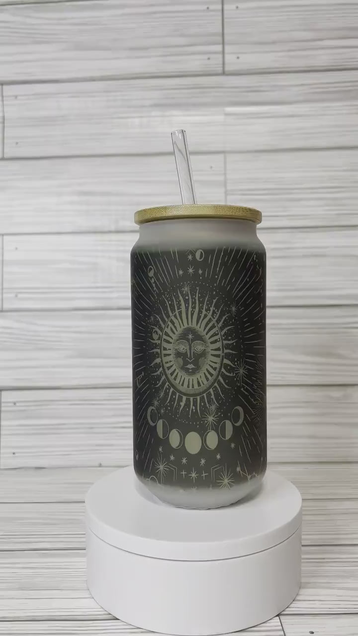 Frosted Glass Tumbler- Moon, Sun and the Stars 18Oz